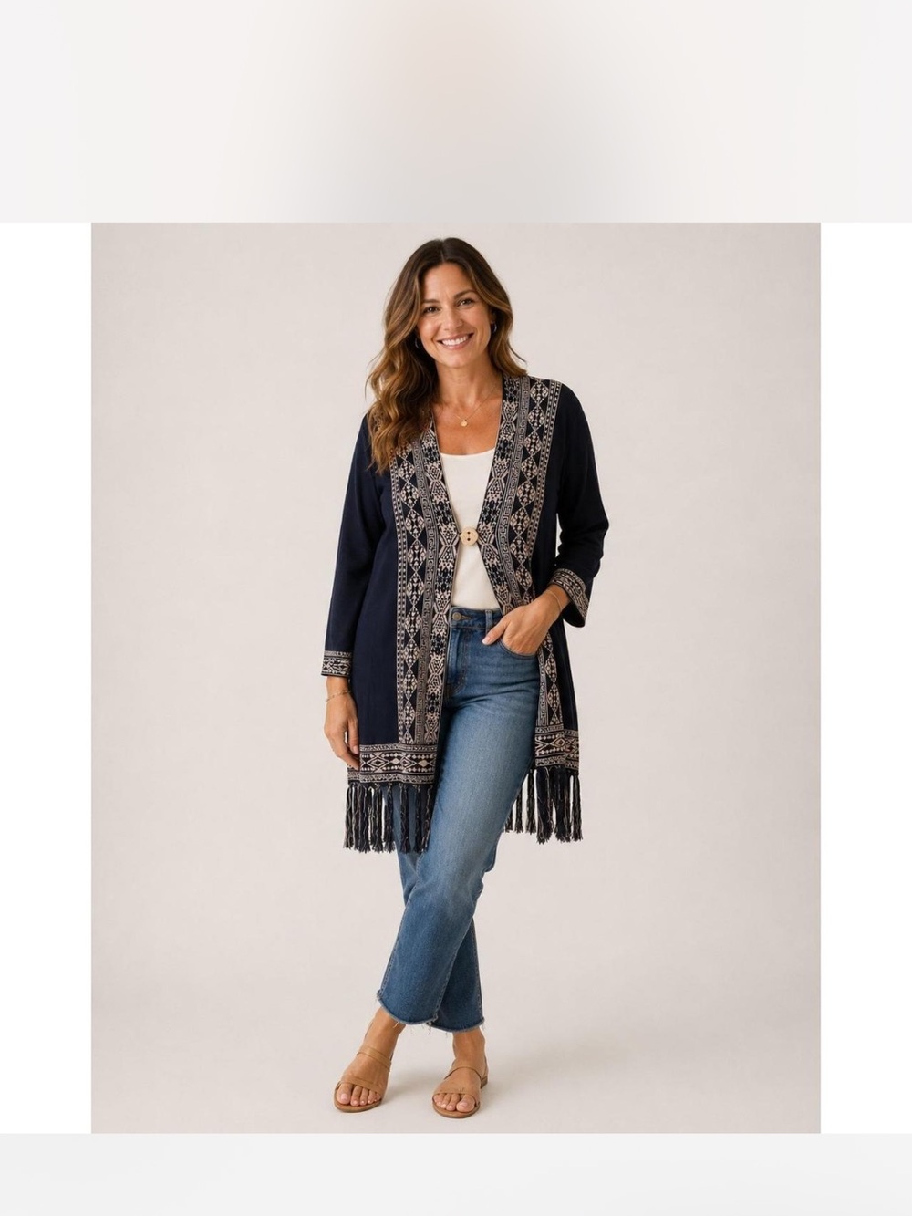 Lucky Brand Navy Open-Front Cardigan with Cream boho fall 11% cotton
